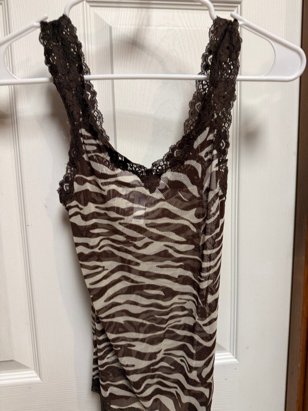 Lace-Trim Zebra Print Tank Top - Brown/White